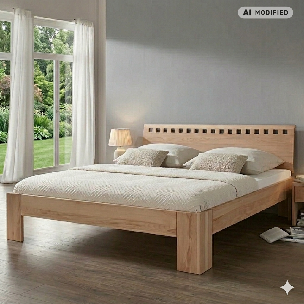 Holzbett steht in hellem Schlafzimmer mit beiger Bettdecke #ki