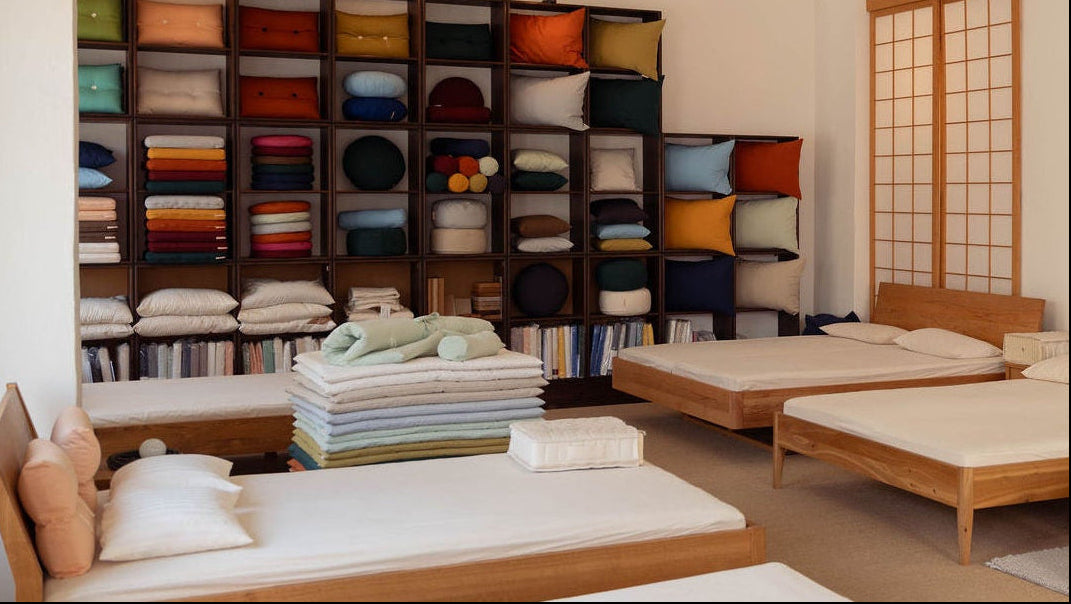 Innenräume der Futomania Werkstatt -Regal mit produkten zb Kissen und Futons davor stehen betten
