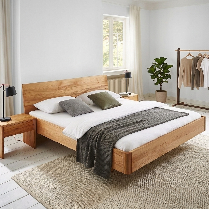 Massivholzbett mit Kopfteil in modernen Schlafzimmer
