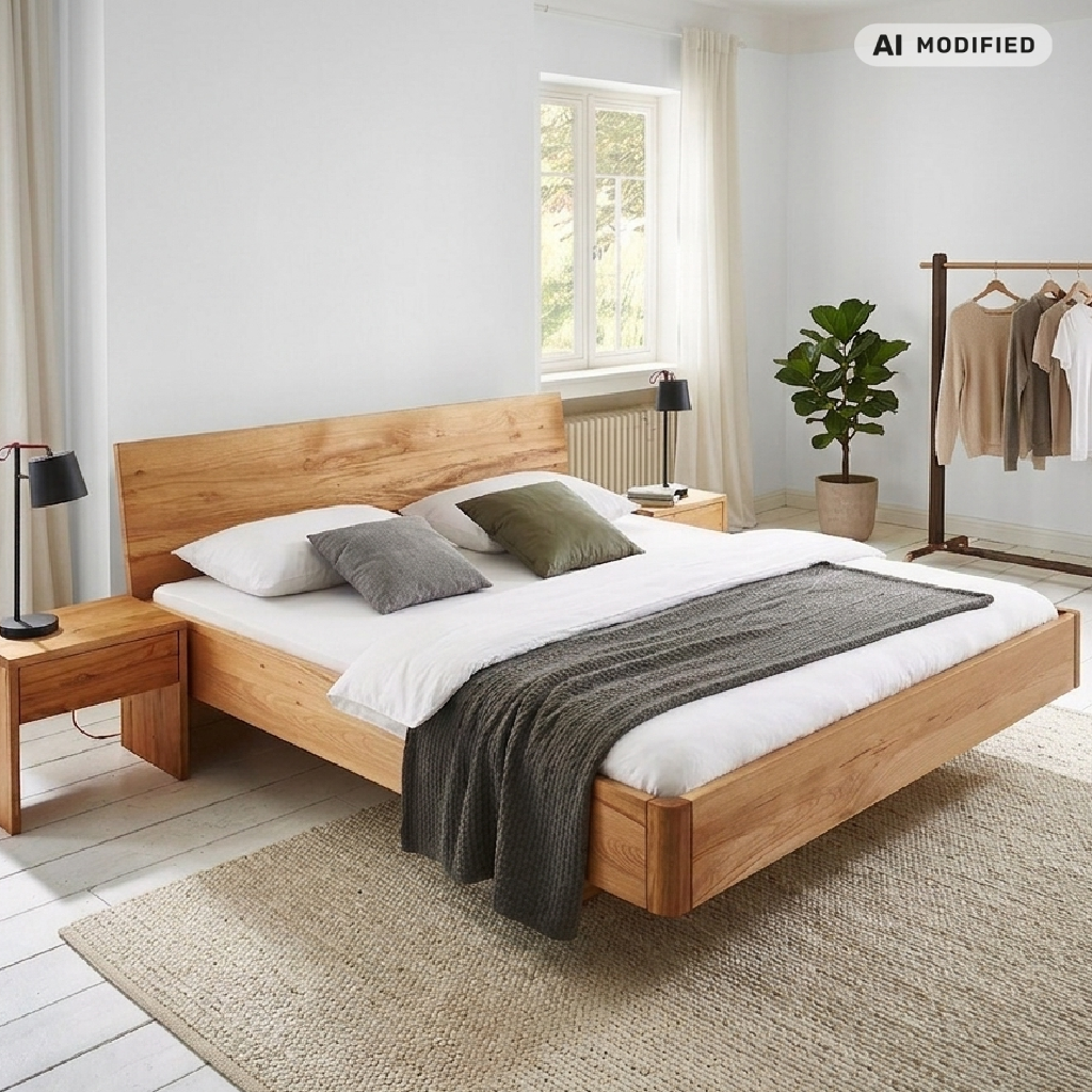 Massivholzbett mit Kopfteil in modernen Schlafzimmer #ki